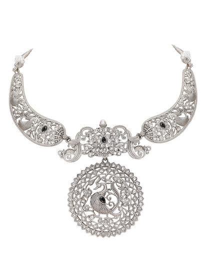 Antique Silver Peacock Necklace Set with Intricate Filigree Work