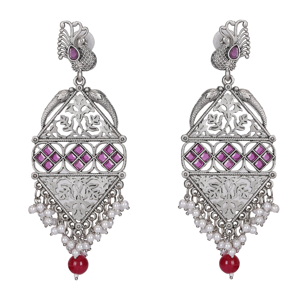 Oxidized Silver Peacock Chandbali Earrings