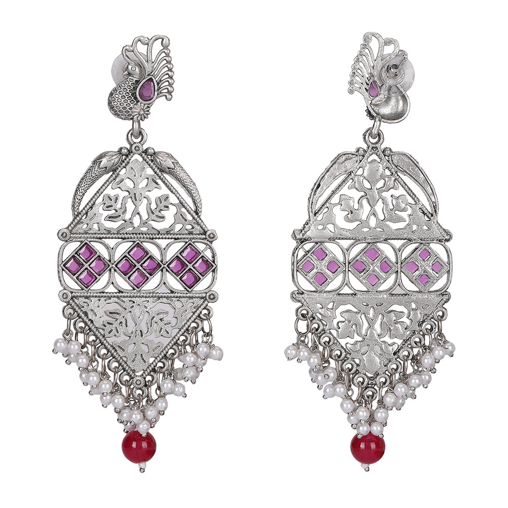 Oxidized Silver Peacock Chandbali Earrings
