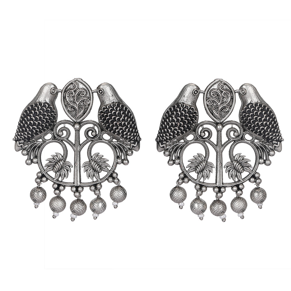 Oxidized Silver Twin Parrot Earrings