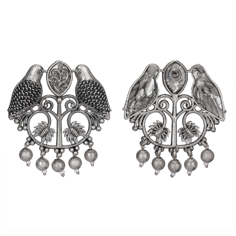 Oxidized Silver Twin Parrot Earrings