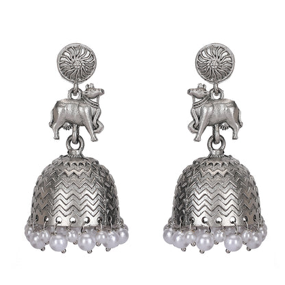 Oxidized Silver Jhumka Earrings with Pearl Drops