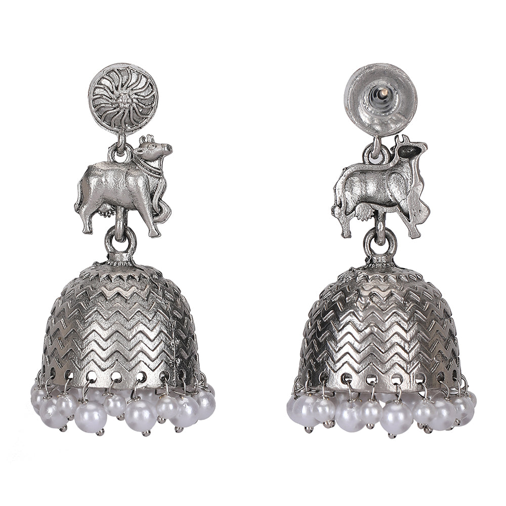 Oxidized Silver Jhumka Earrings with Pearl Drops