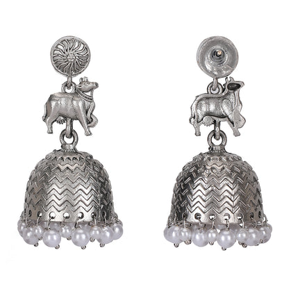 Oxidized Silver Jhumka Earrings with Pearl Drops
