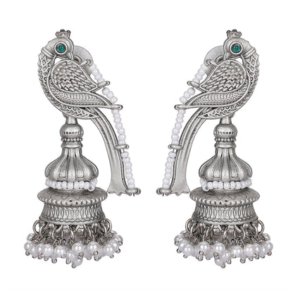 Oxidized Silver Jhumka Earrings Parrot Design