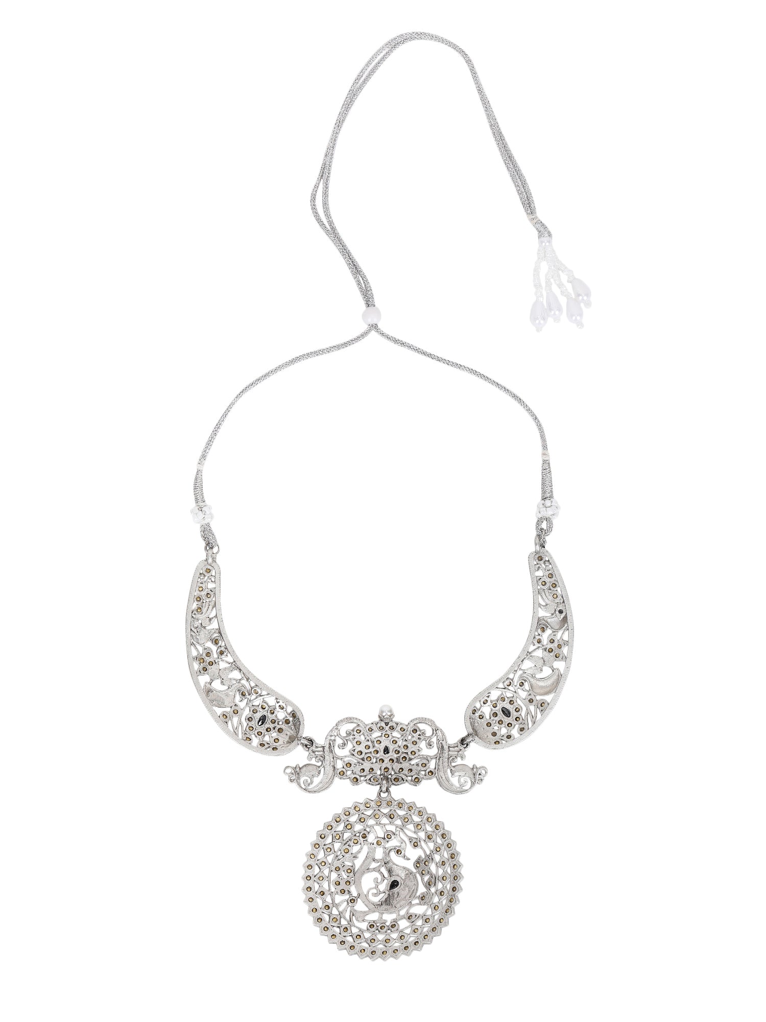 Antique Silver Peacock Necklace Set with Intricate Filigree Work