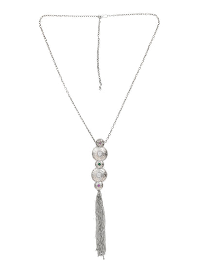 Elegant Silver Tassel Pendant Necklace Set with Crystal & Gemstone Accents