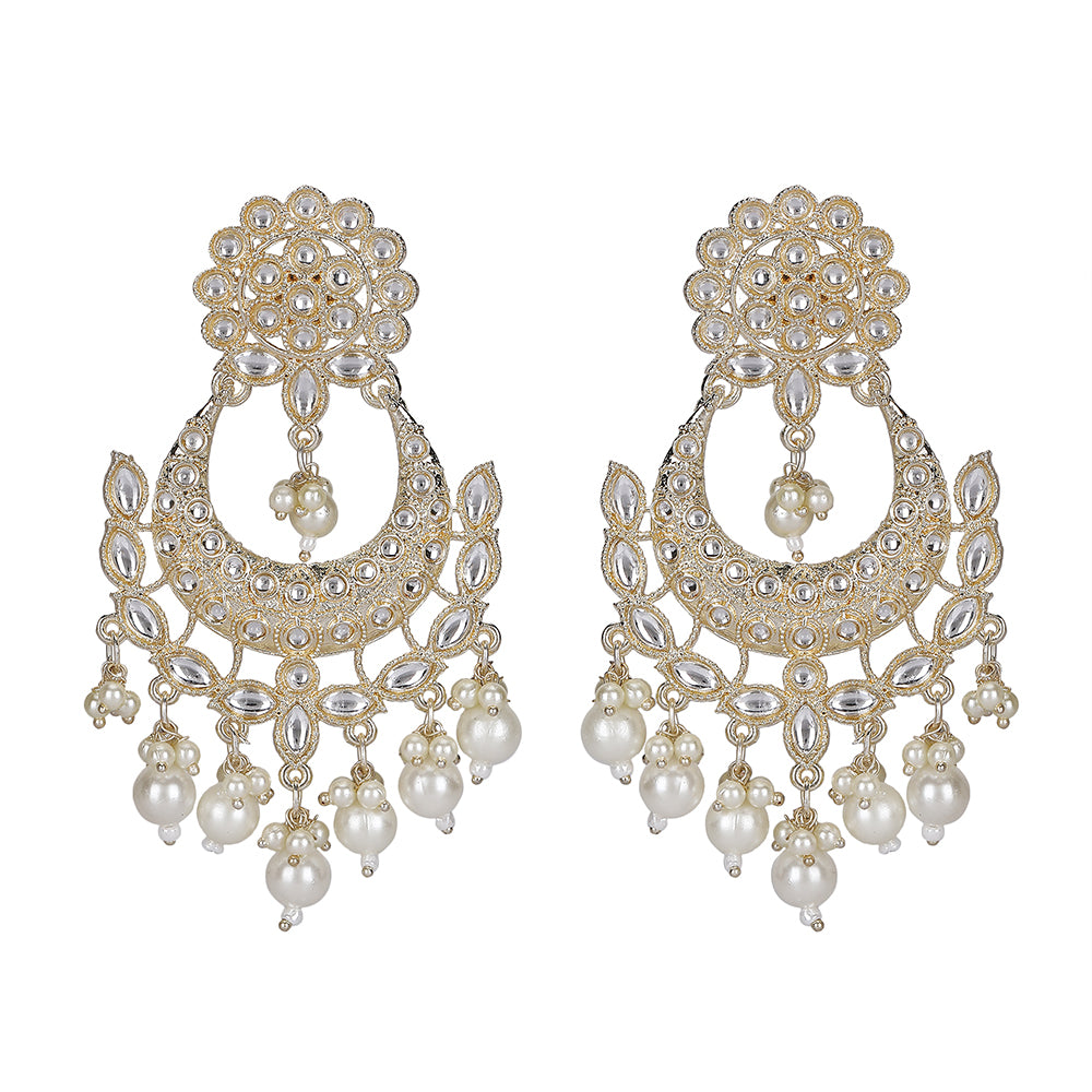 Exquisite Pearl & Kundan Chandbali Earrings – Gold-Plated