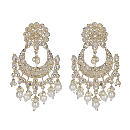 Exquisite Pearl & Kundan Chandbali Earrings – Gold-Plated