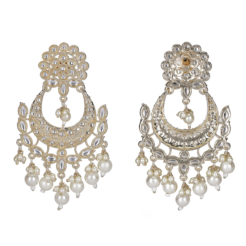 Exquisite Pearl & Kundan Chandbali Earrings – Gold-Plated
