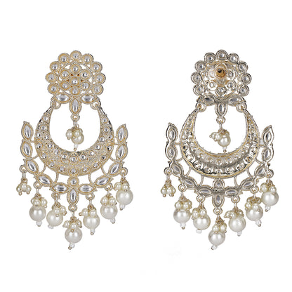 Exquisite Pearl & Kundan Chandbali Earrings – Gold-Plated