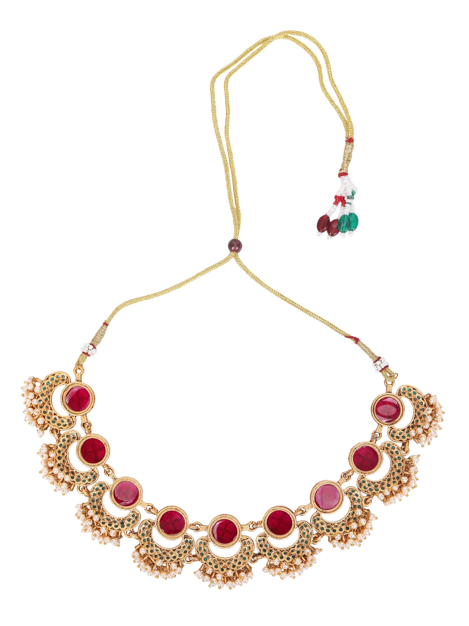 Antique Gold-Plated Carved Ruby & Green Enamel Necklace Set with Pearl Drops
