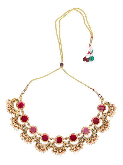 Antique Gold-Plated Carved Ruby & Green Enamel Necklace Set with Pearl Drops
