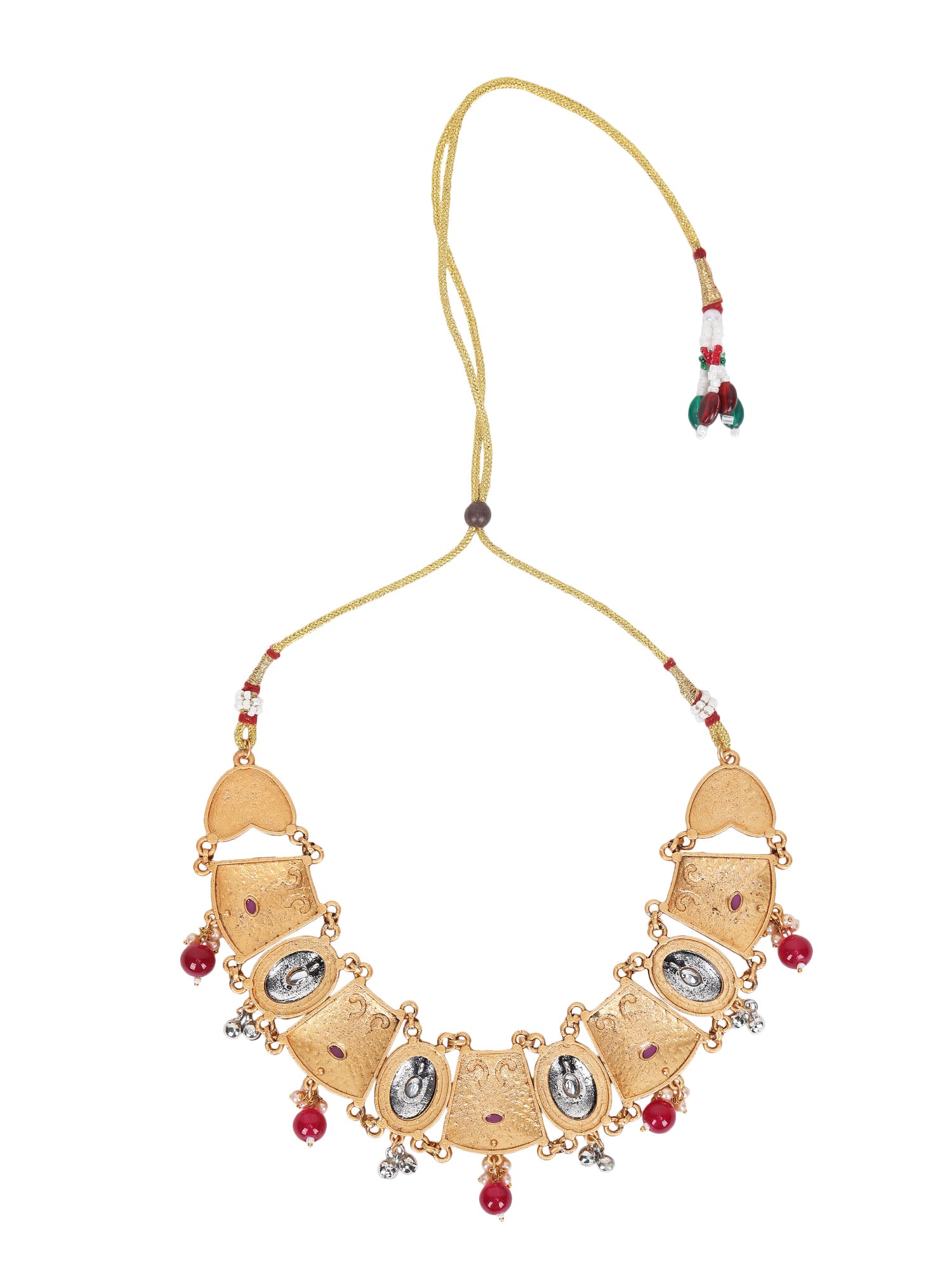 Antique Gold-Plated Temple Necklace Set with Kundan and Pearl Beads