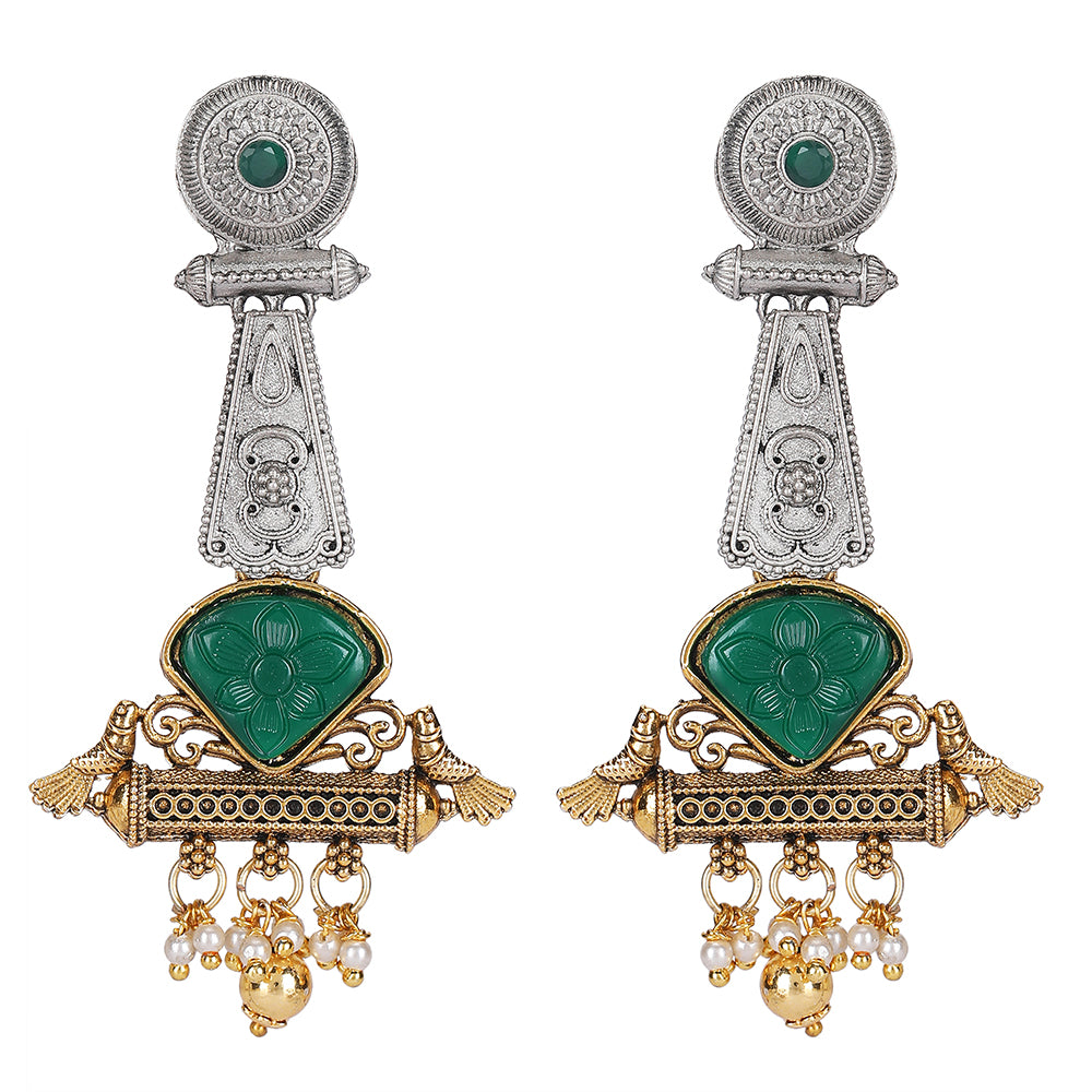 Antique Dual-Tone Tribal Earrings with Green Stone