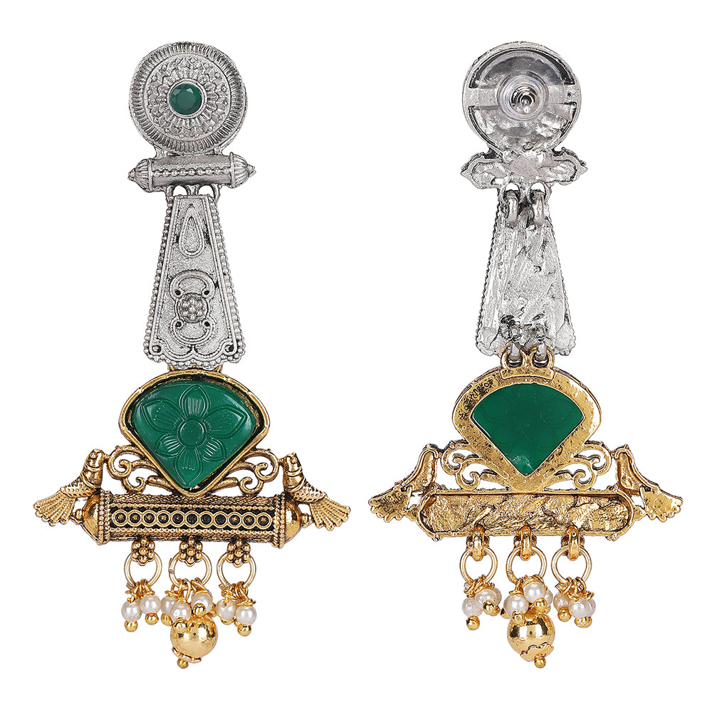 Antique Dual-Tone Tribal Earrings with Green Stone