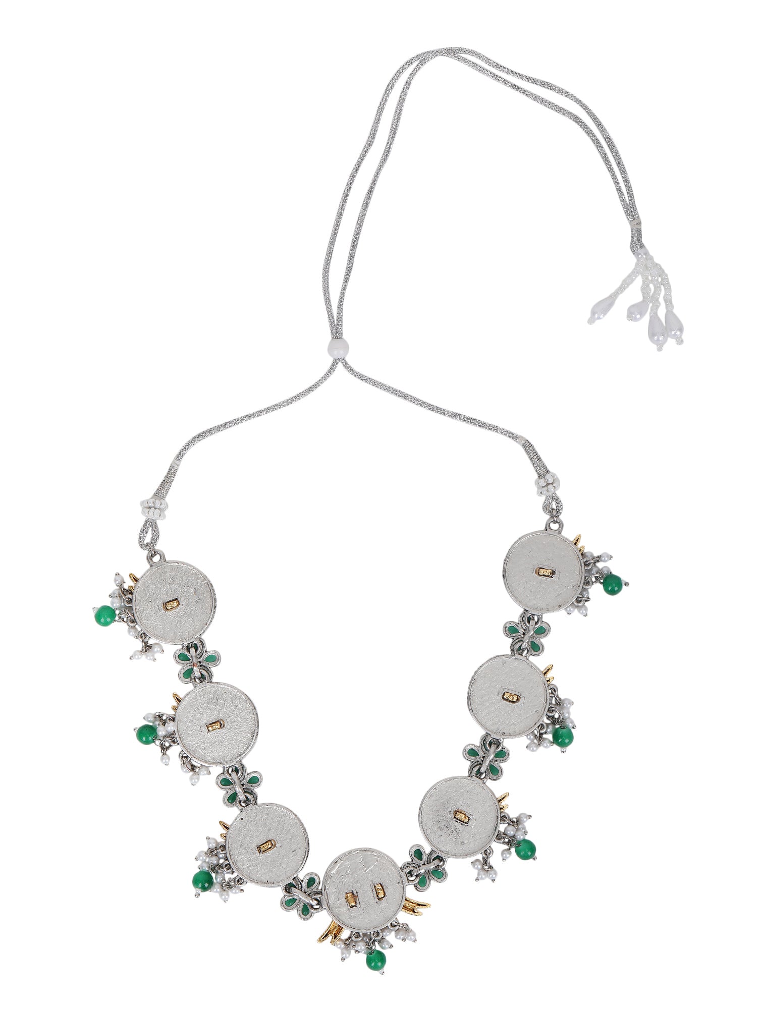 Dual-Tone Bird Motif Necklace Set with Green Enamel & Pearl Drops