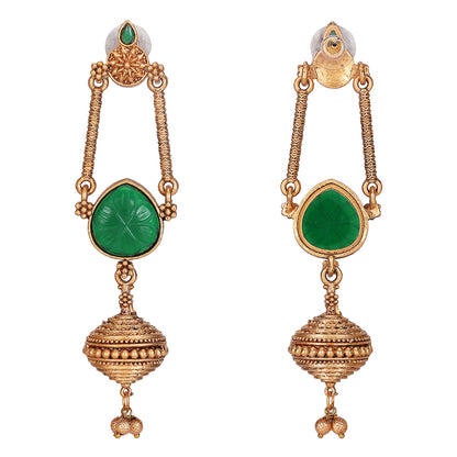 Antique Gold-Plated Earrings with Green Stone & Filigree Work