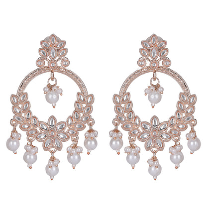 Rose Gold Kundan Chandbali Earrings with Pearl Drops