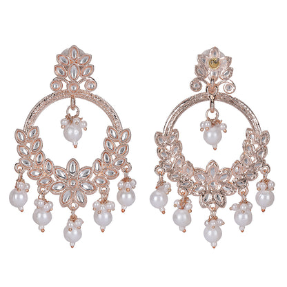 Rose Gold Kundan Chandbali Earrings with Pearl Drops