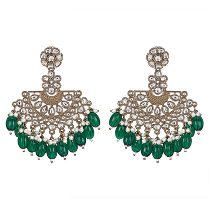 Royal Kundan & Green Beaded Chandbali Earrings