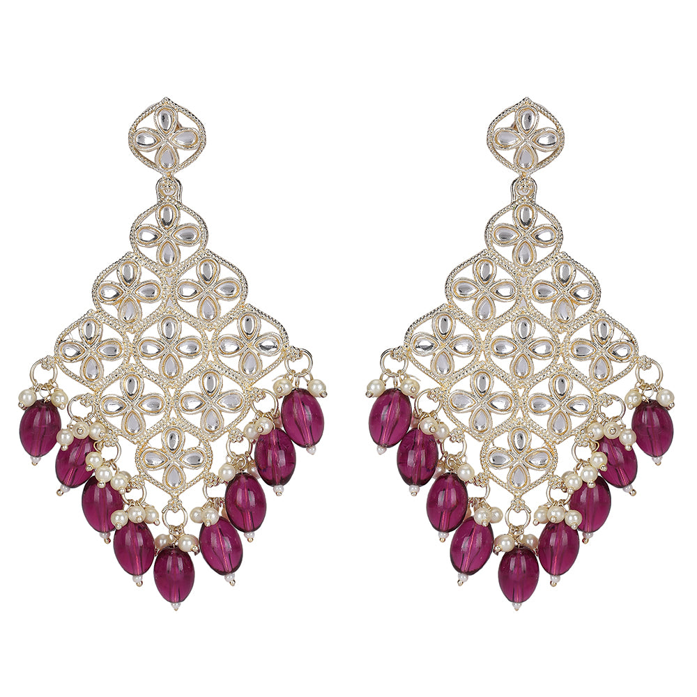 Gold-Plated Kundan Earrings with Ruby Beads & Pearls