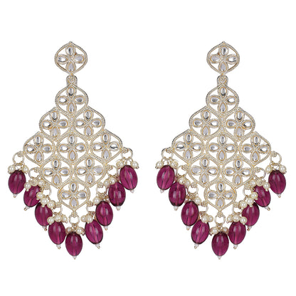 Gold-Plated Kundan Earrings with Ruby Beads & Pearls