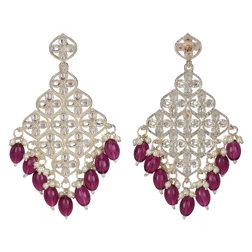 Gold-Plated Kundan Earrings with Ruby Beads & Pearls