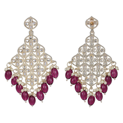 Gold-Plated Kundan Earrings with Ruby Beads & Pearls