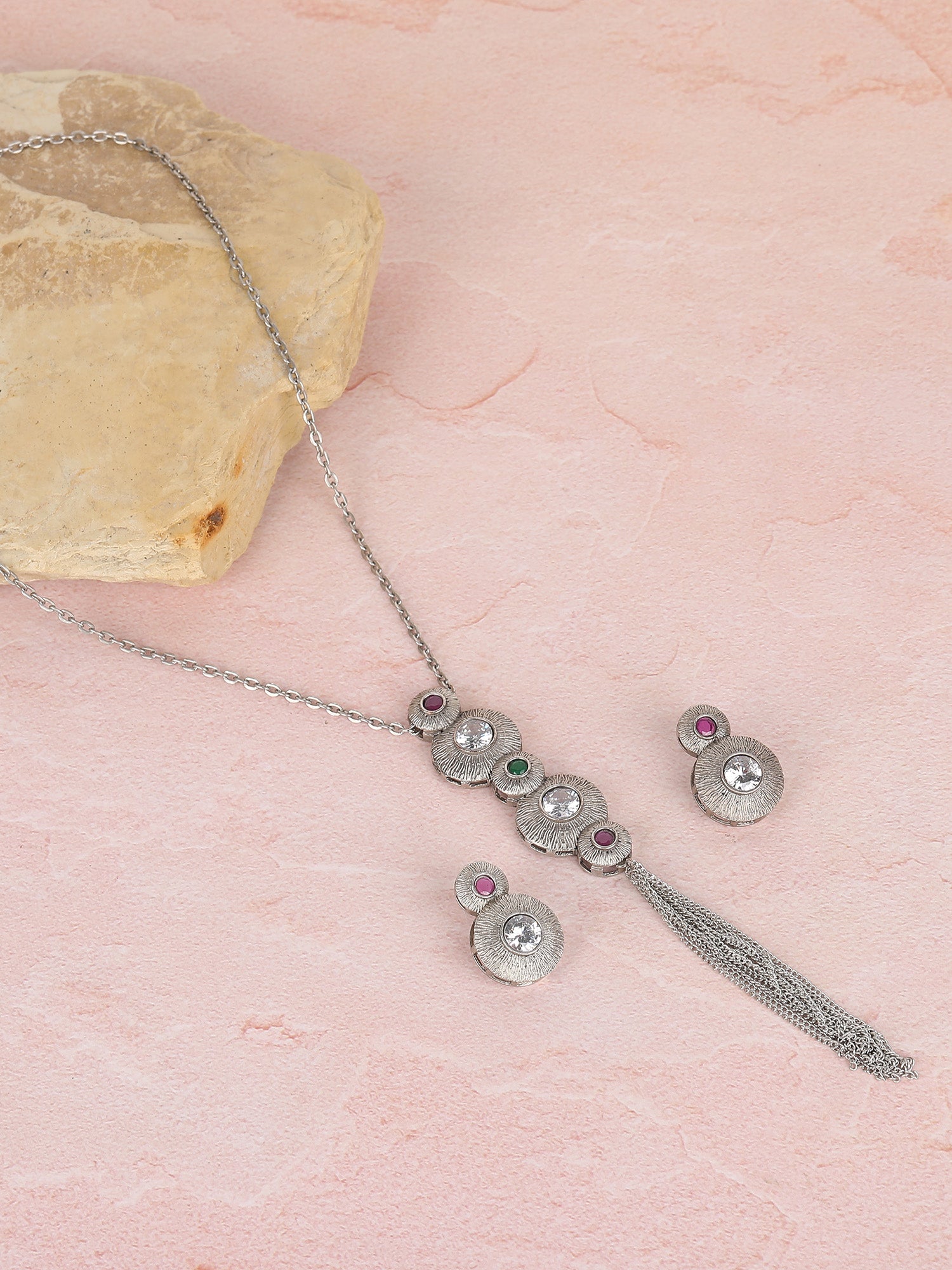 Elegant Silver Tassel Pendant Necklace Set with Crystal & Gemstone Accents