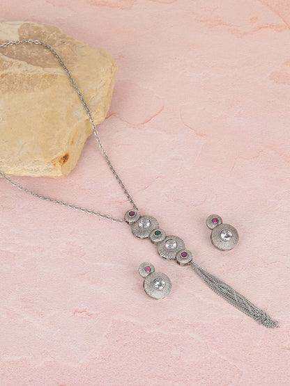 Elegant Silver Tassel Pendant Necklace Set with Crystal & Gemstone Accents