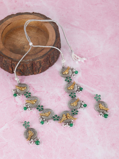 Dual-Tone Bird Motif Necklace Set with Green Enamel & Pearl Drops
