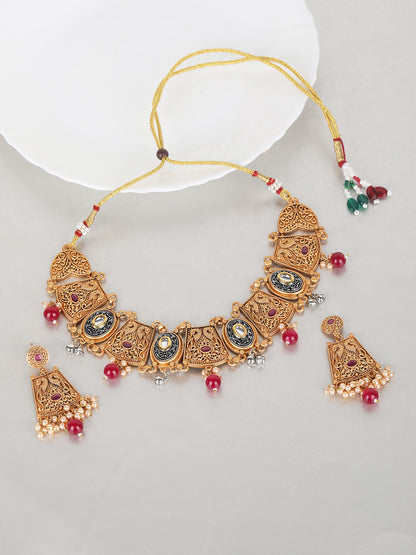 Antique Gold-Plated Temple Necklace Set with Kundan and Pearl Beads