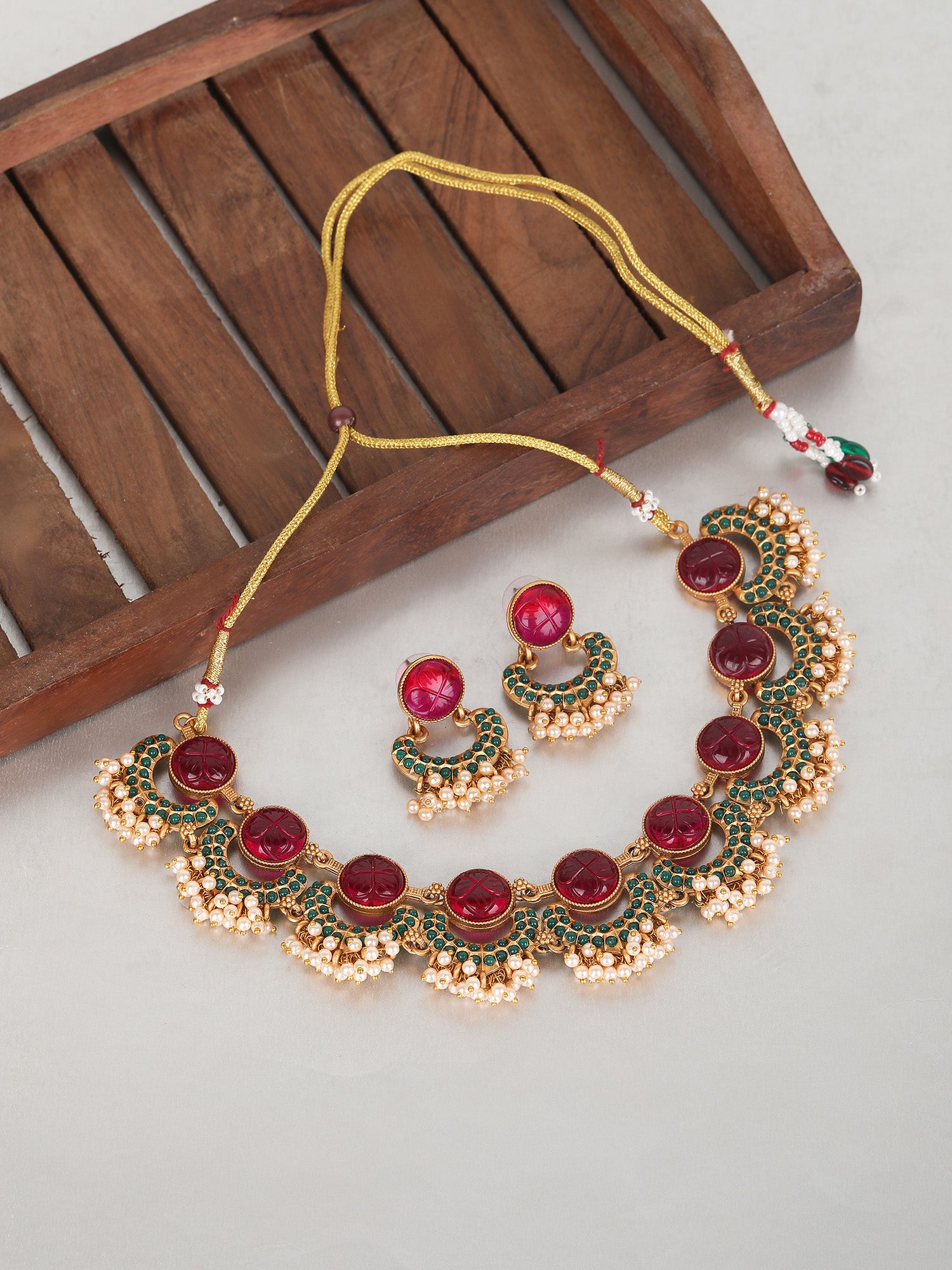 Antique Gold-Plated Carved Ruby & Green Enamel Necklace Set with Pearl Drops