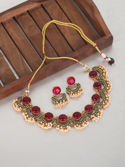 Antique Gold-Plated Carved Ruby & Green Enamel Necklace Set with Pearl Drops