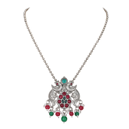 Antique Silver Dual-Peacock Pendant Necklace