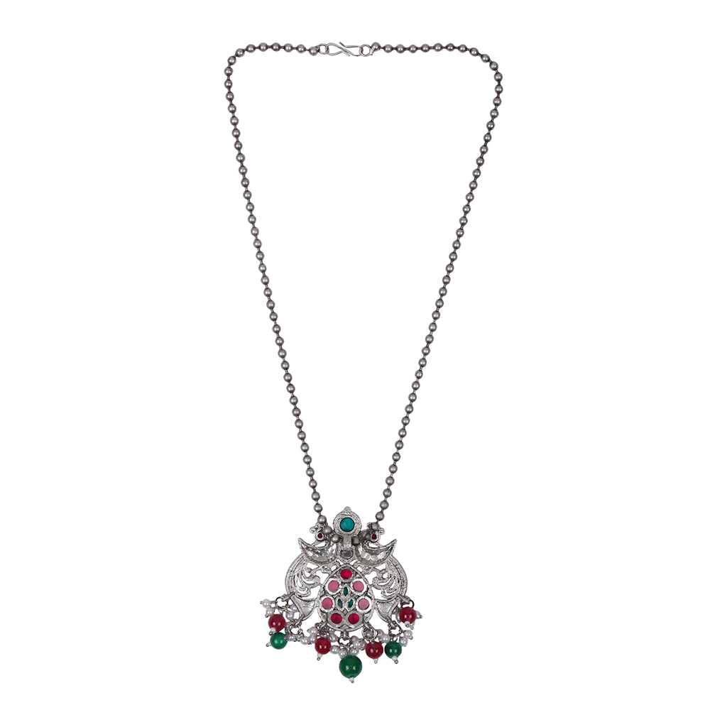 Antique Silver Dual-Peacock Pendant Necklace