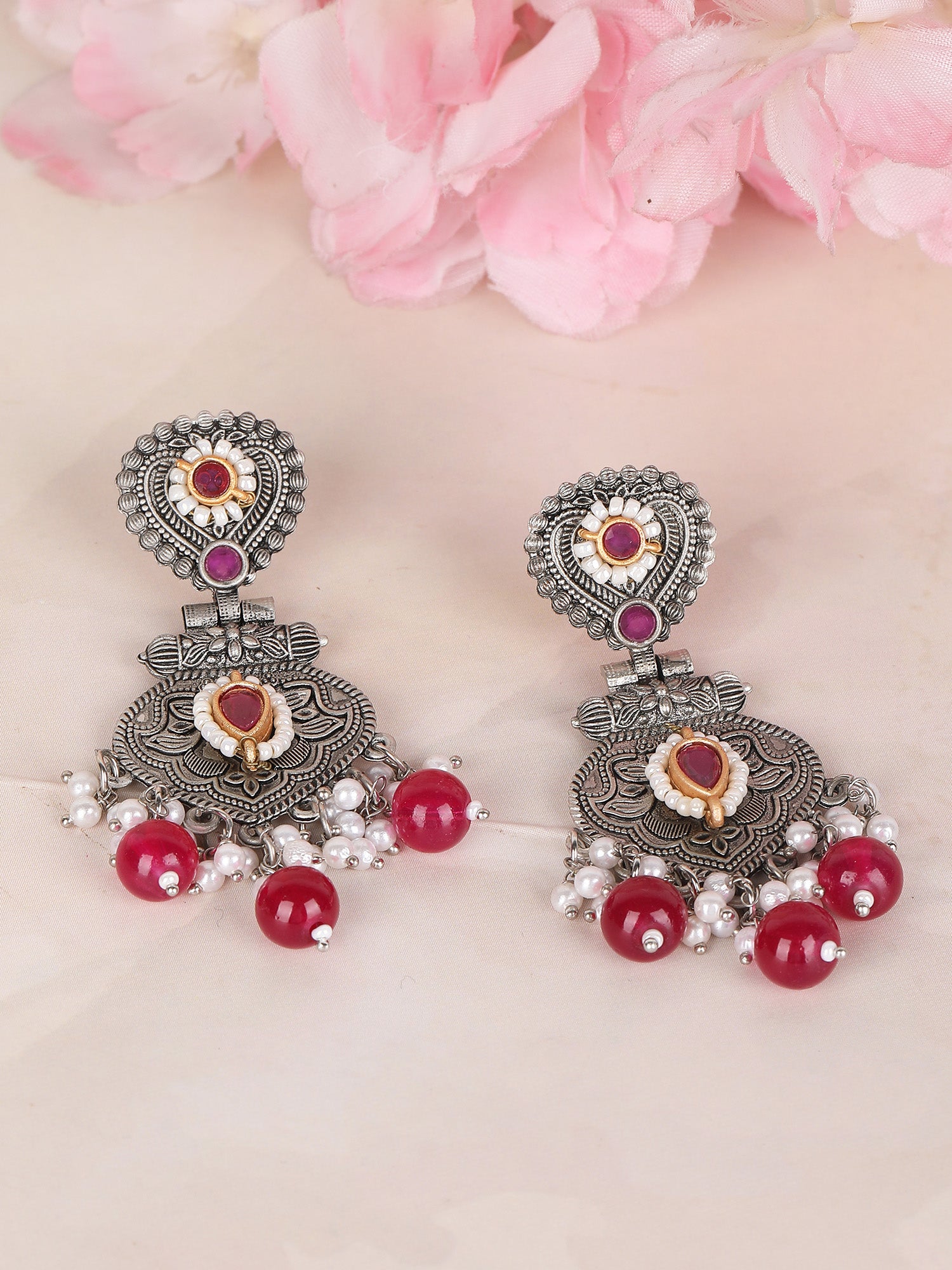 Antique Silver-Plated Earrings with Ruby & Pearl Drops
