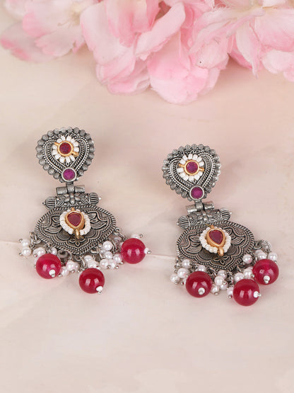 Antique Silver-Plated Earrings with Ruby & Pearl Drops
