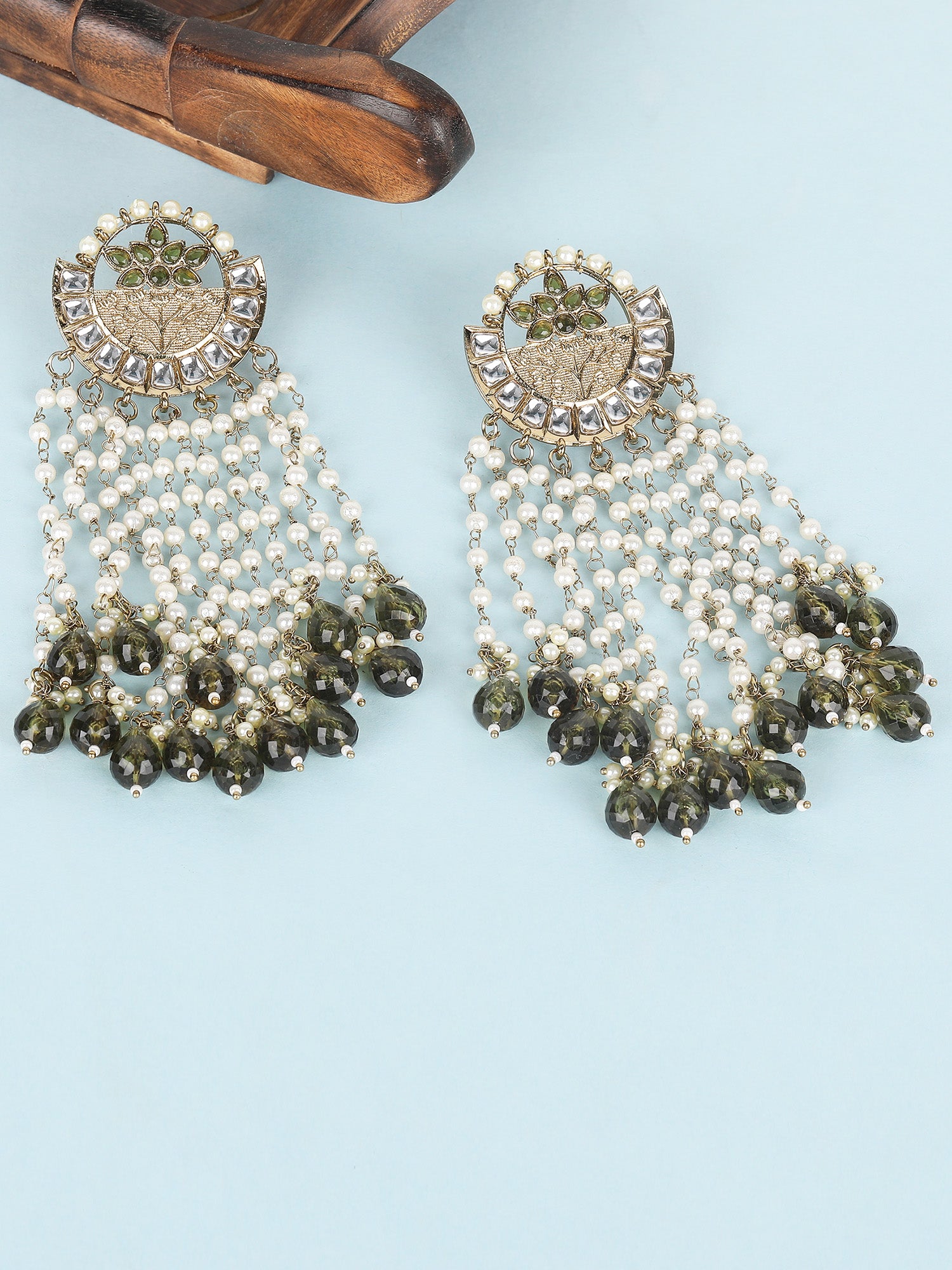 Gold & Pearl Chandelier Earrings with Green Stone Accents