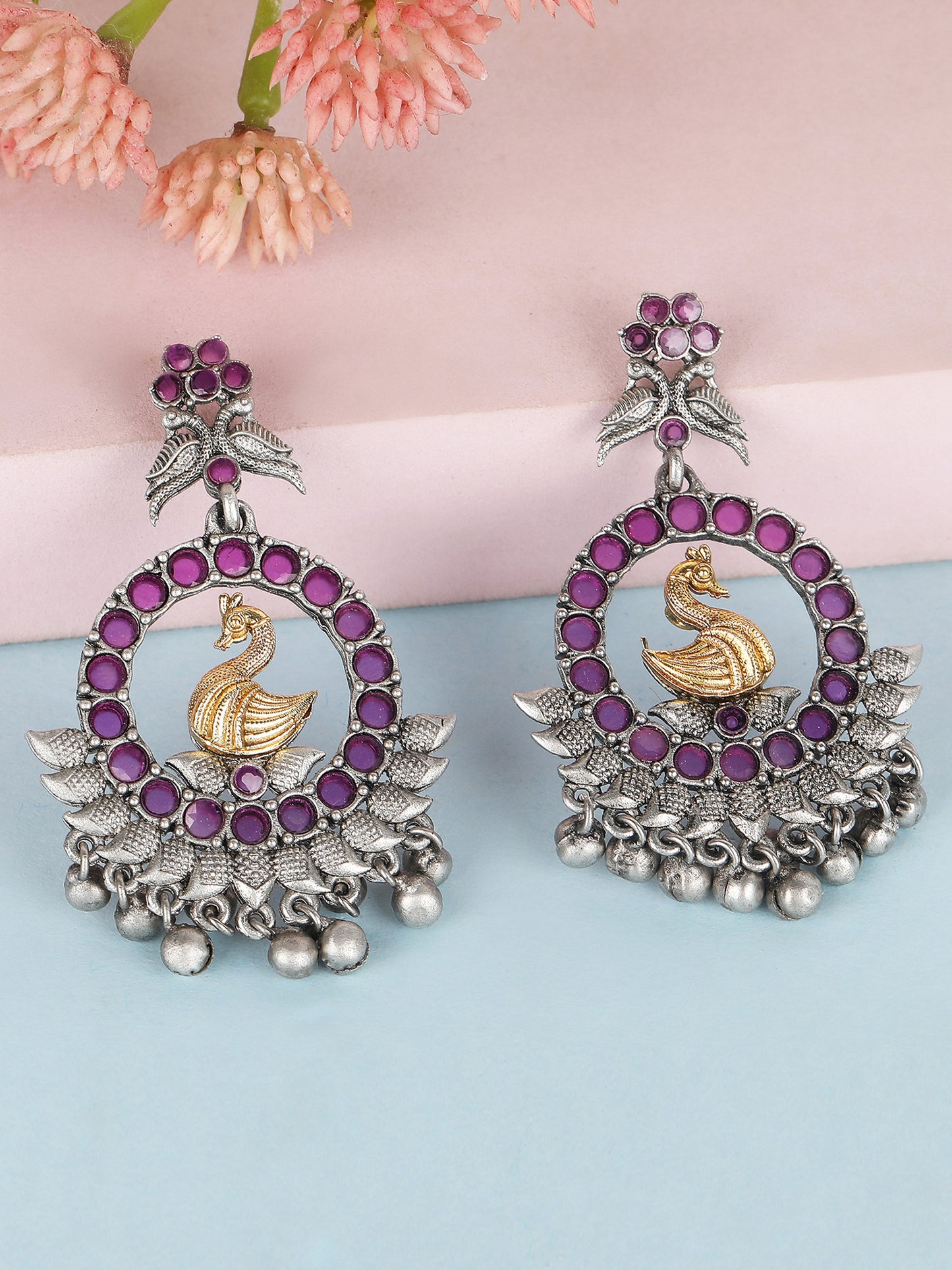 Antique Silver-Plated Swan Motif Earrings with Pink Stones
