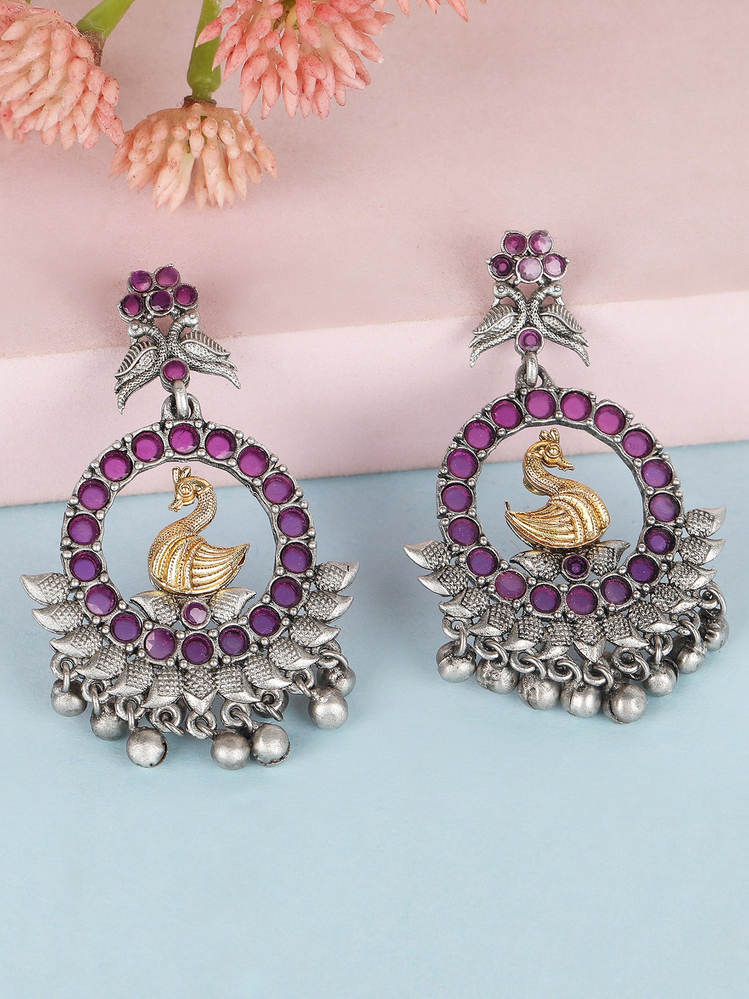 Antique Silver-Plated Swan Motif Earrings with Pink Stones