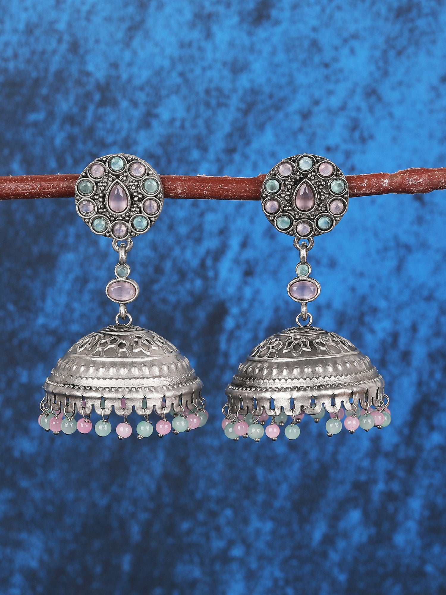 Antique Silver-Plated Jhumka Earrings with Pastel Beads