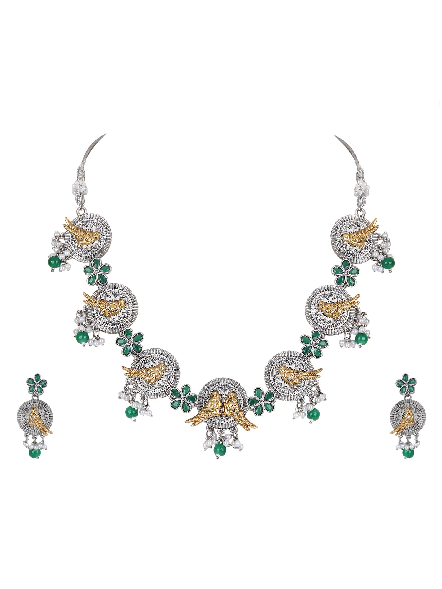 Dual-Tone Bird Motif Necklace Set with Green Enamel & Pearl Drops
