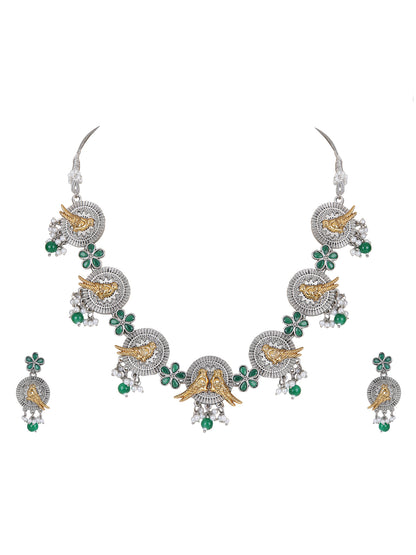Dual-Tone Bird Motif Necklace Set with Green Enamel & Pearl Drops