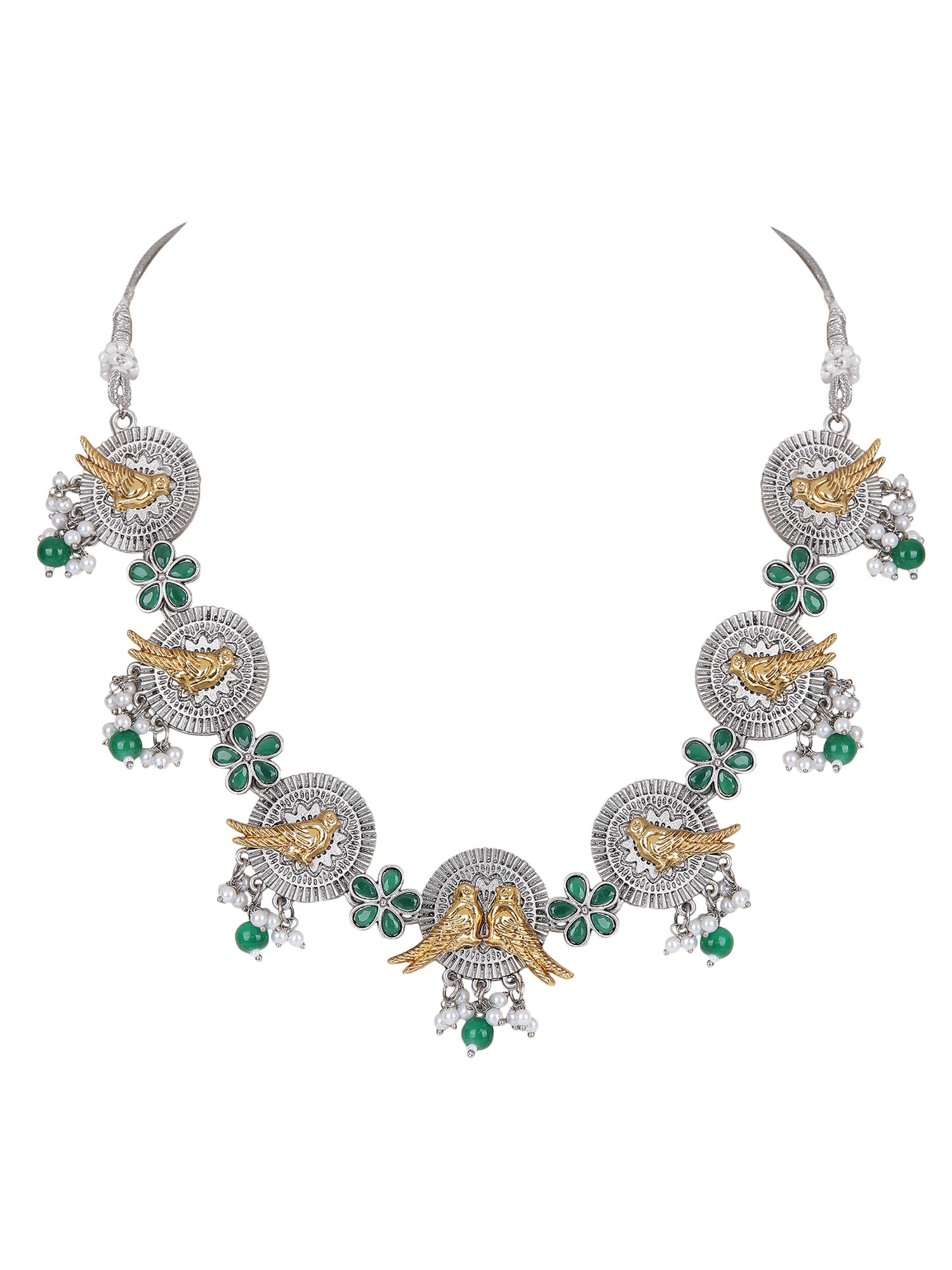 Dual-Tone Bird Motif Necklace Set with Green Enamel & Pearl Drops