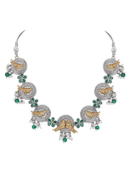 Dual-Tone Bird Motif Necklace Set with Green Enamel & Pearl Drops