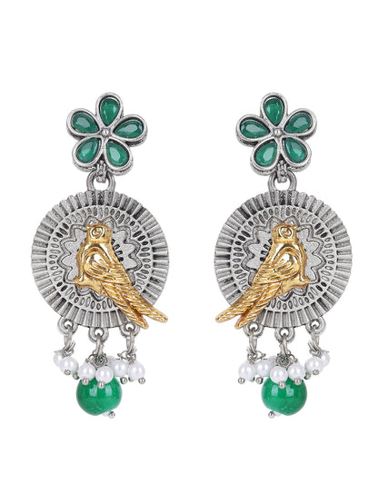Dual-Tone Bird Motif Necklace Set with Green Enamel & Pearl Drops