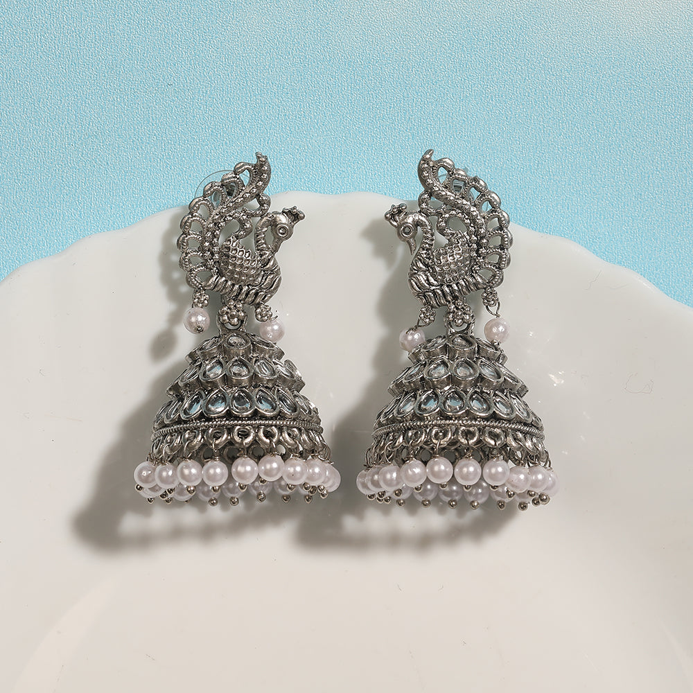 Oxidized Silver Kundan & Pearl Drops Earrings