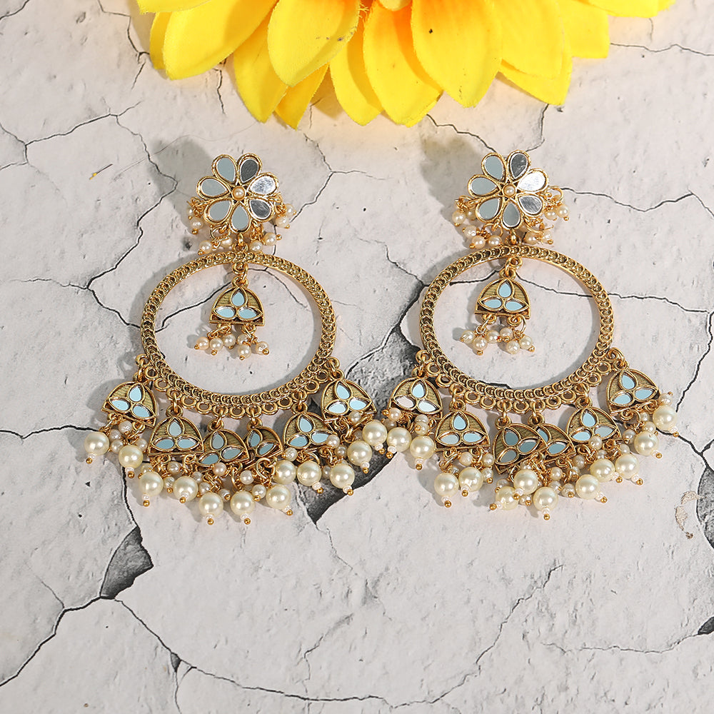 Gold-Tone Kundan Hoop Earrings with Pearl Drops